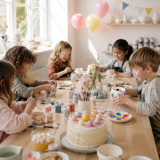 Kinder am großen Tisch beim Porzellan bemalen, Kindergeburtstag