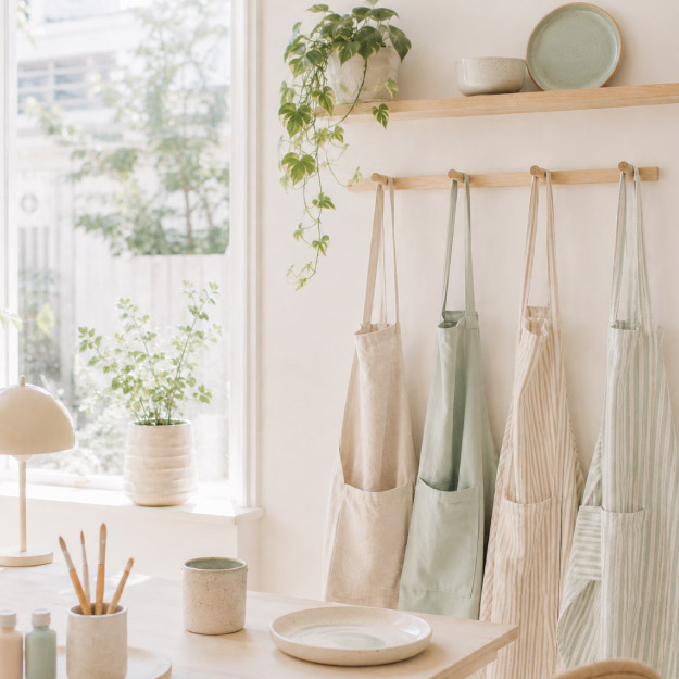 Helle Studioecke mit Schürzen, Keramik und Malutensilien