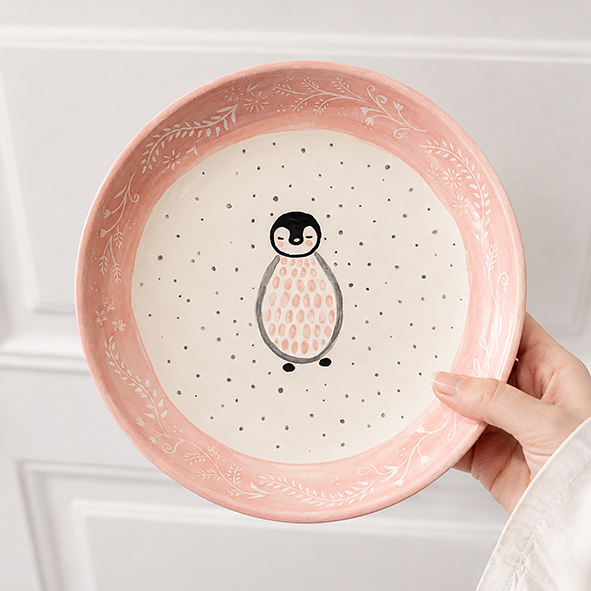 Hand hält eine handbemalten Keramikteller mit Blumenmotiv und einem Pinguin in der Mitte.